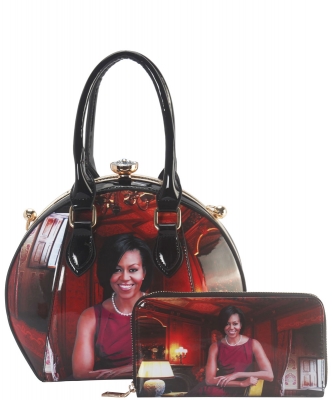 Michelle Obama Jewel-Top Satchel Purse and Wallet Combo BB-8240 BLACK